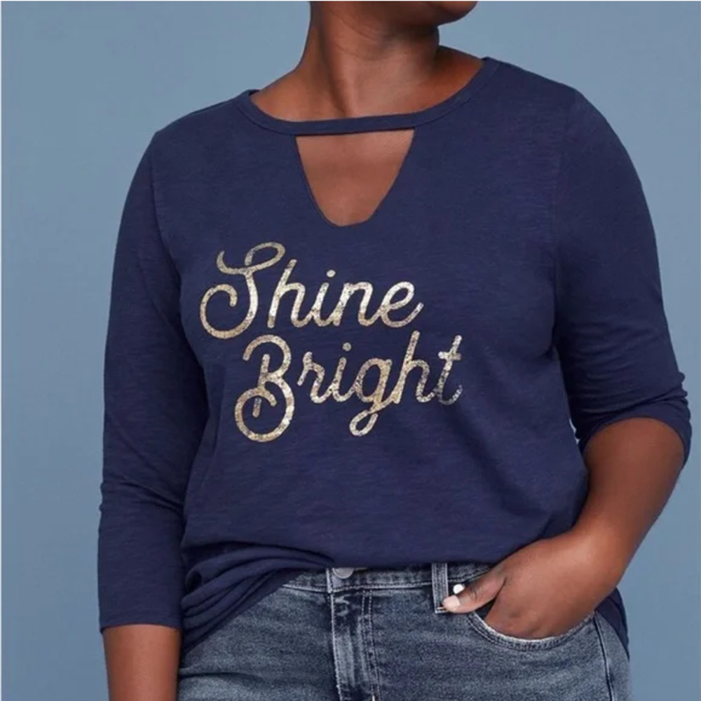 Lane Bryant | Blue "Shine Bright" Keyhole Long Sleeve Tee T-Shirt